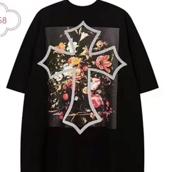 复古个性珠片纯棉圆领花朵百搭国潮T恤半袖时尚夏季宽松出游黑色