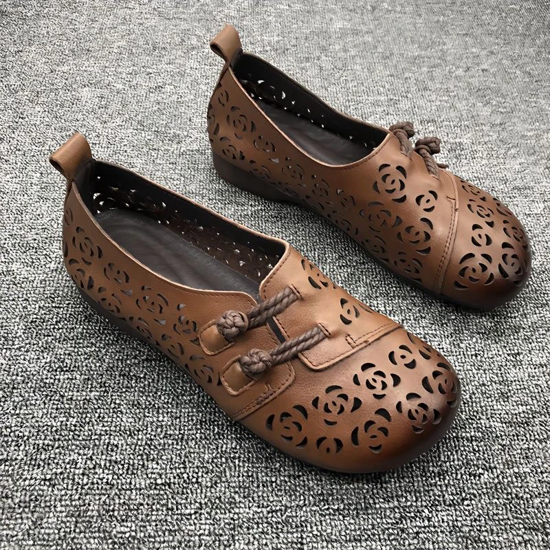 【优质真软皮】凉鞋手工复古镂空透气防滑洞洞鞋妈妈软底软面女单鞋