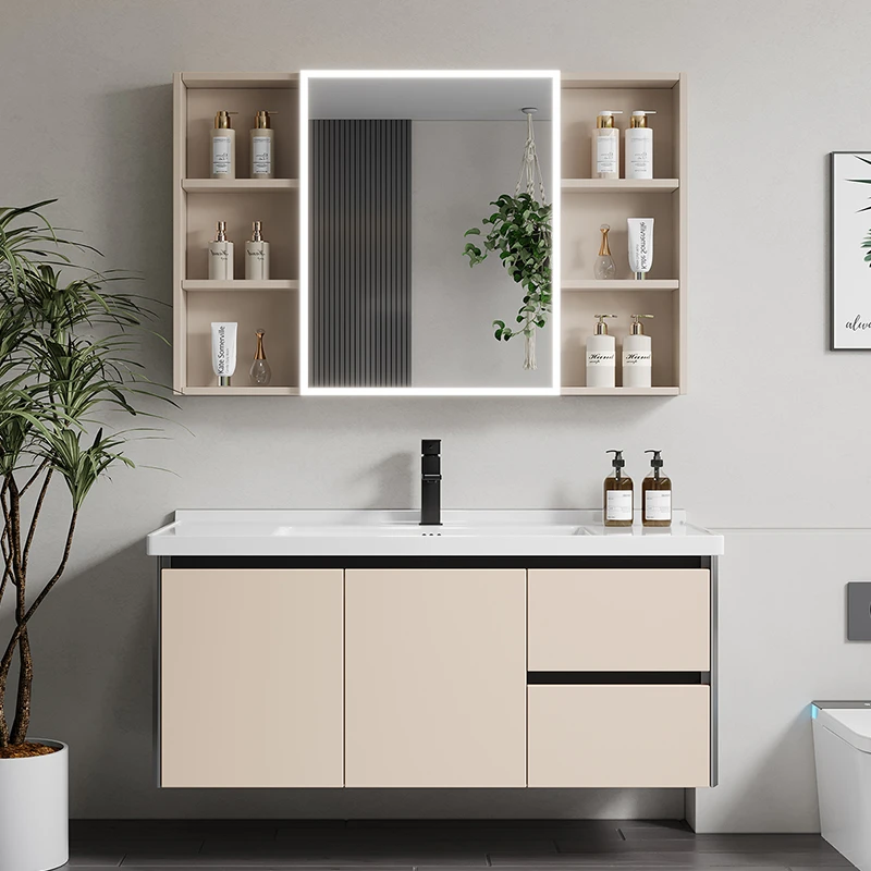 卡其双抽屉高颜值蜂窝铝浴室柜卫生间防潮防水陶瓷一体盆洗手盆