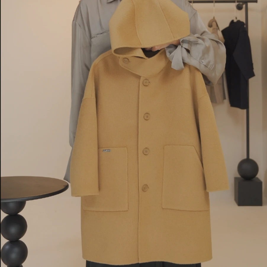 【现货，100%全羊毛，纯手工，双面呢】女童冬大衣长款宽松带帽36D3801