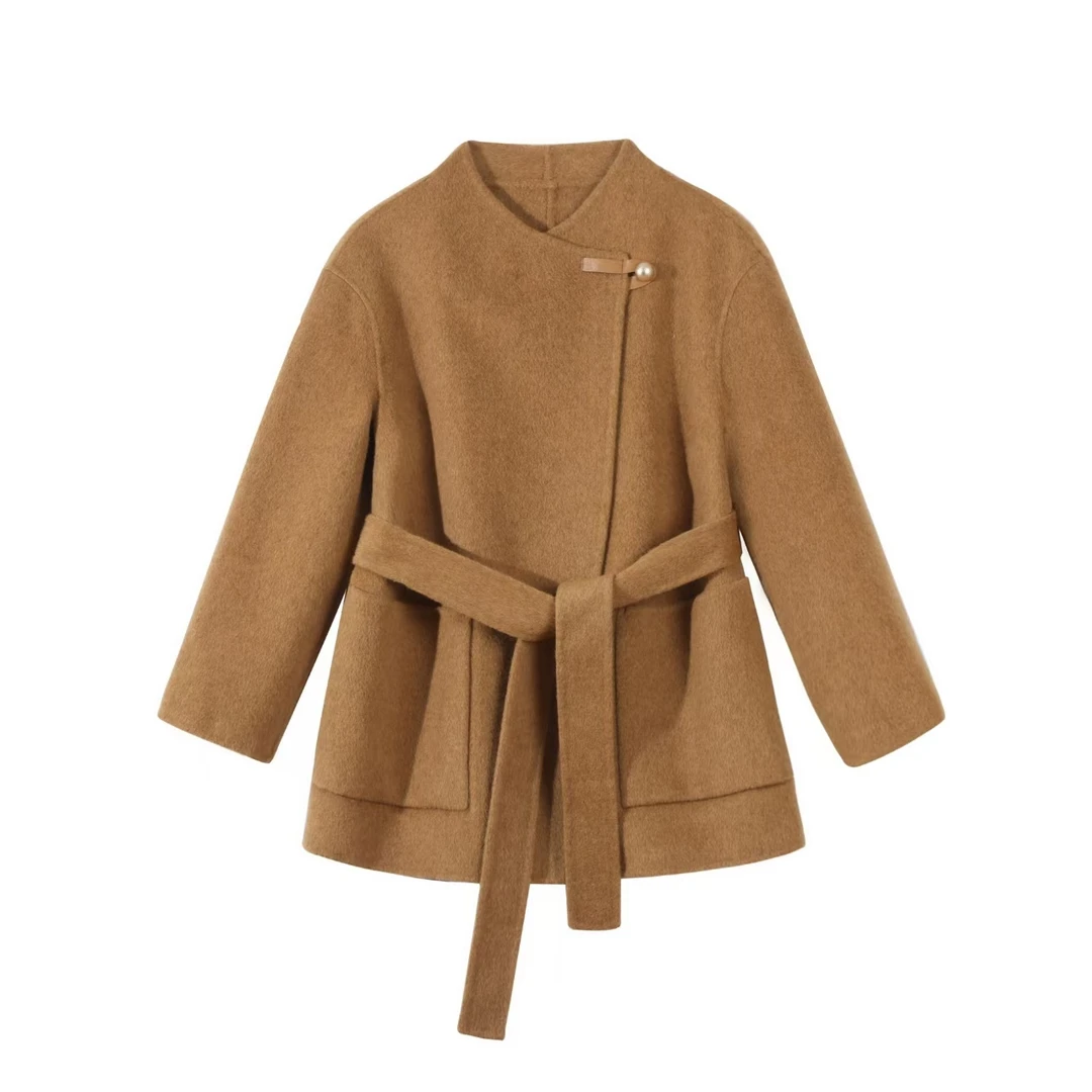 【芬芬姐专属】100%羊毛设计师款一粒扣腰带简约时尚双面呢大衣
