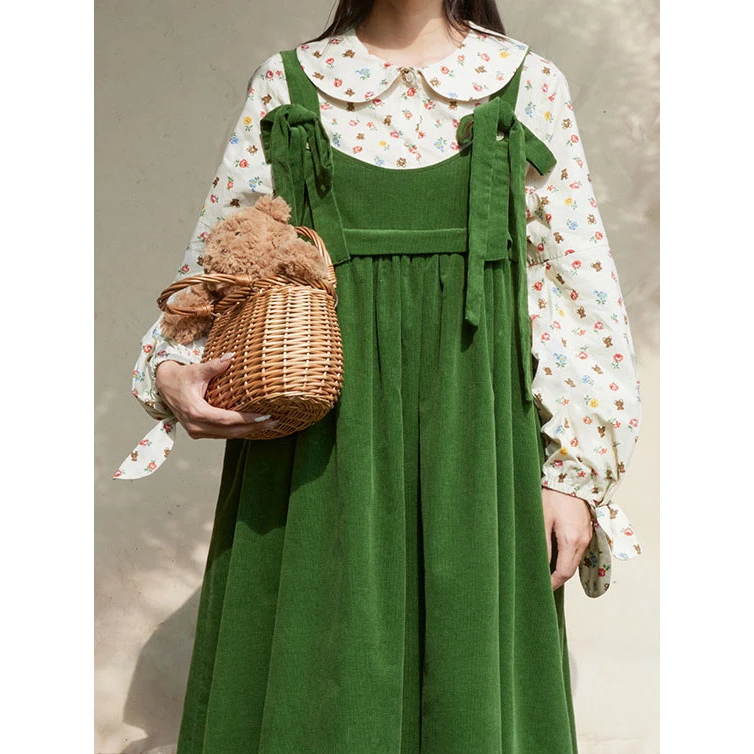 大码女装春季新款日系学院风减龄背带裙套装胖mm宽松显瘦碎花衬衫