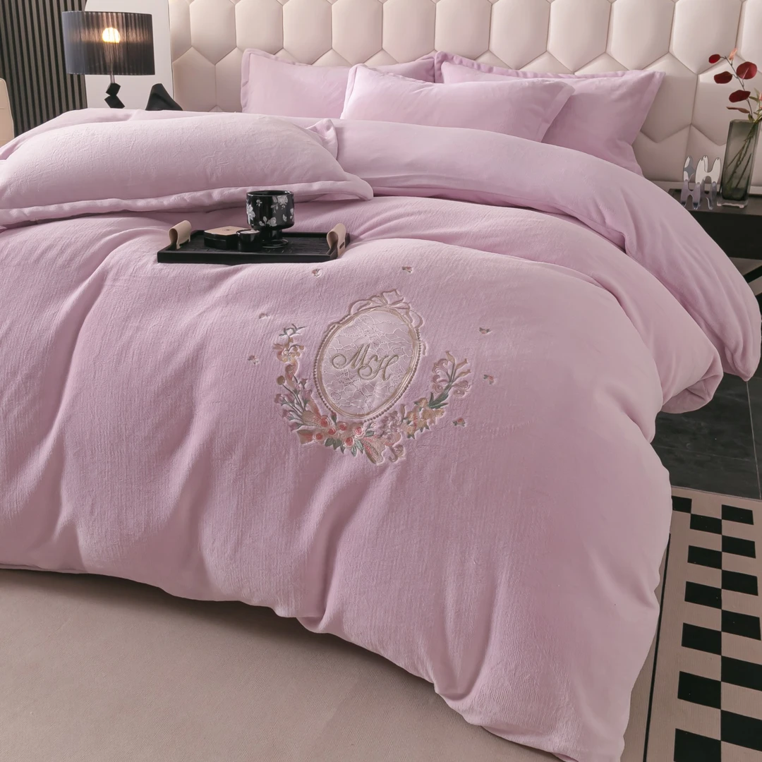 高克重加绒加厚刺绣款蕾丝绣花牛奶绒四件套梦露S M紫色