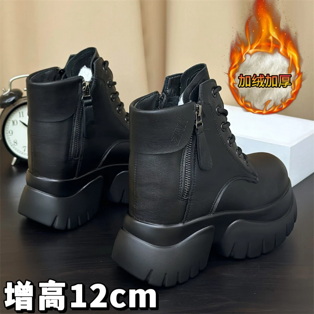 休闲高帮鞋女冬季新款厚底增高马丁靴加绒保暖棉靴12cm百搭英伦风