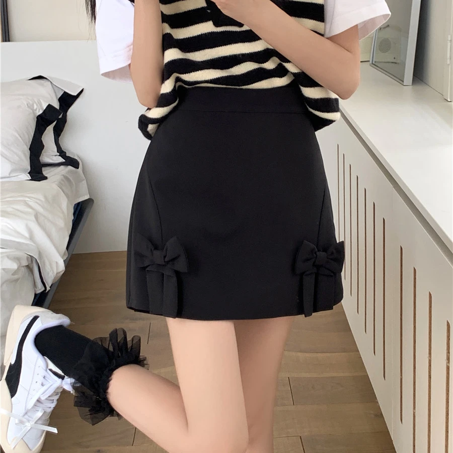 法式复古蝴蝶结半身裙春秋胖mm高腰a字裙裤小个子显瘦防走光短裙