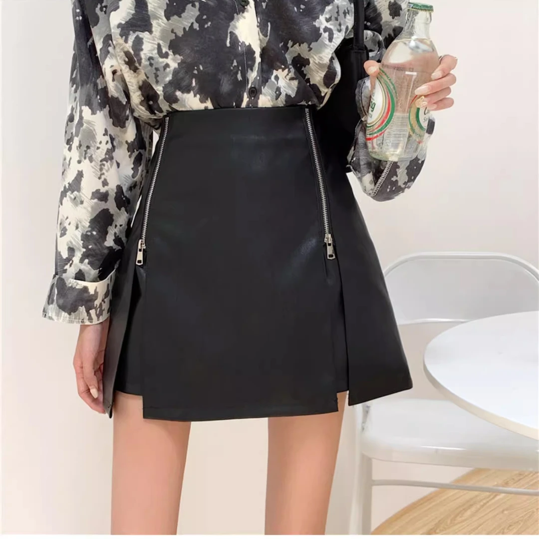 大码不规则开叉半身裙秋冬新款PU皮裙胖mm高腰遮肉显瘦a字短裙裤