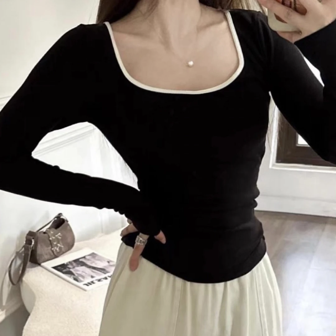 【带胸垫】拼接方领打底衫长袖T恤露锁骨撞色修身内搭上衣保暖显瘦