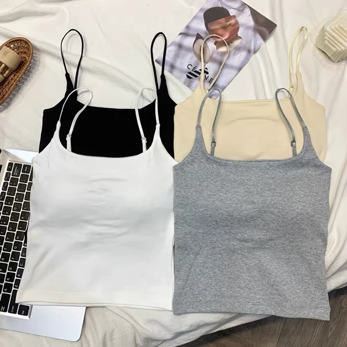 春夏莫奈花园风吊带背心带胸垫内搭固定杯少女百搭打底背心女