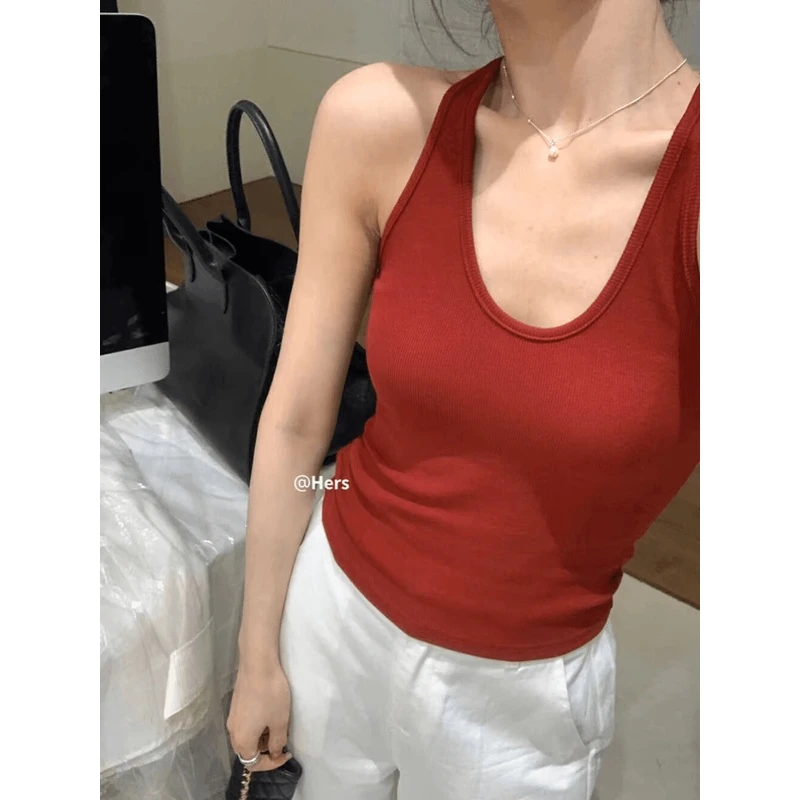 纯色挂脖小吊带背心女夏季辣妹U领外穿修身螺纹无袖上衣