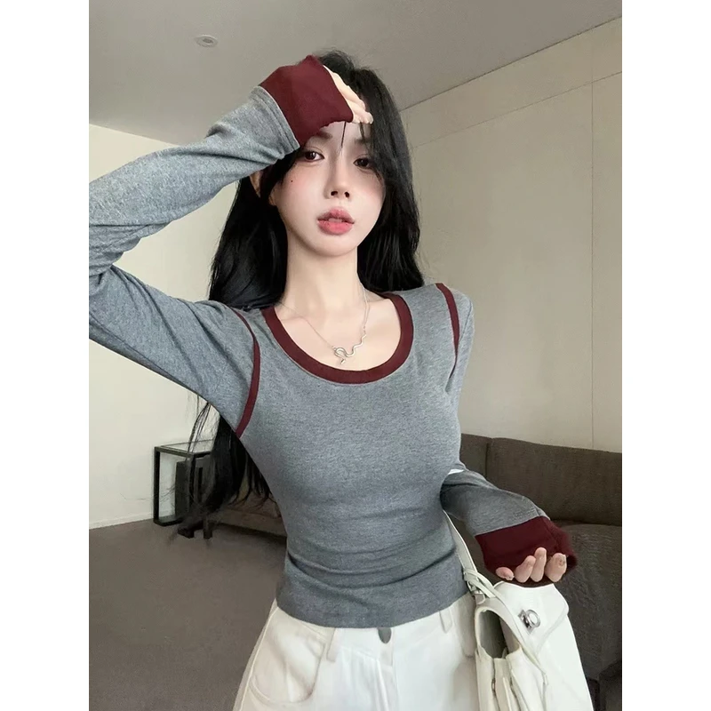 带胸垫撞色圆领拼接长袖女百搭秋季新款辣妹紧身显瘦短款上衣修身