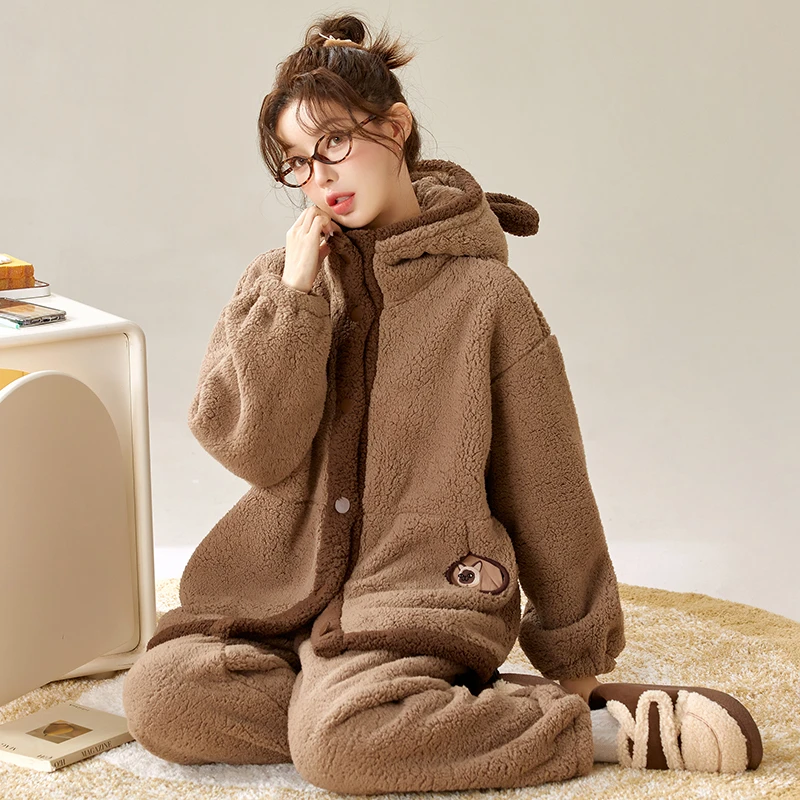甜美宽松套装韩版秋冬季加绒睡衣毛绒家居服保暖