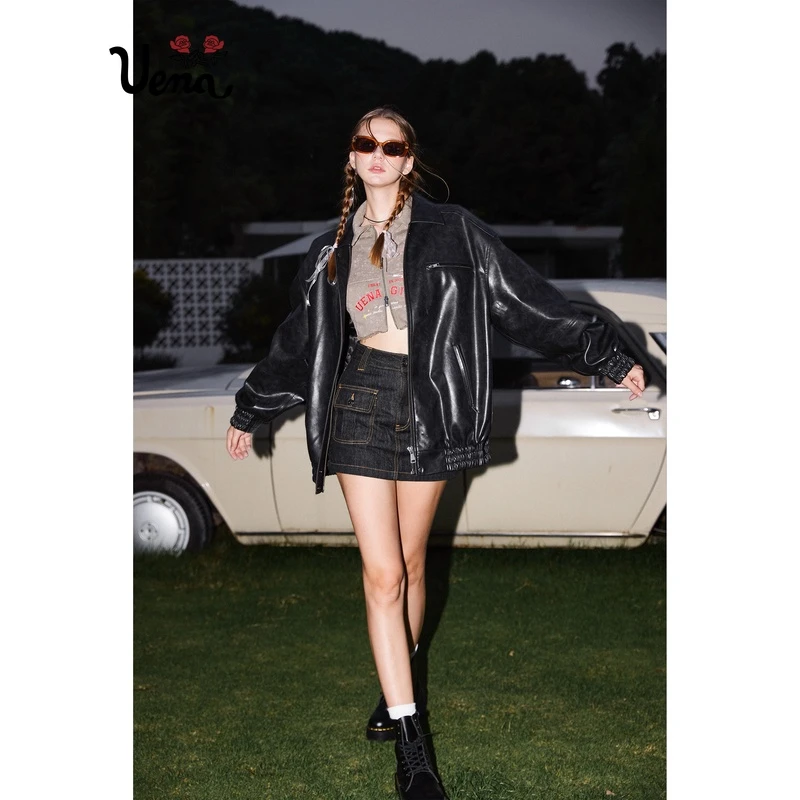 【美娇专属】Uena美式复古黑色PU皮衣外套后背蝴蝶结贴布夹克女