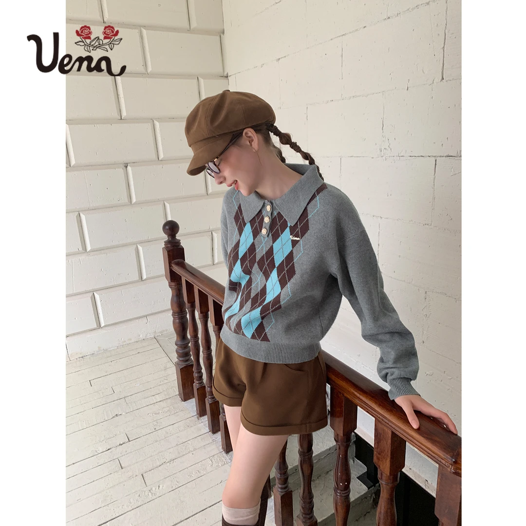 【薄荷巧克力】Uena美式复古菱形格纹宽松落肩袖polo领毛针织衫女