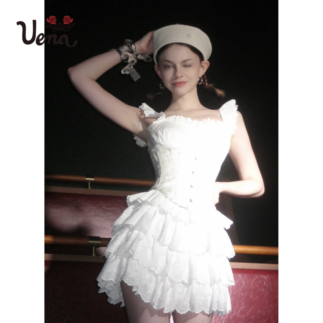 【铃兰风信子】Uena甜酷镂空刺绣花边吊带连衣裙A字收腰蛋糕裙女