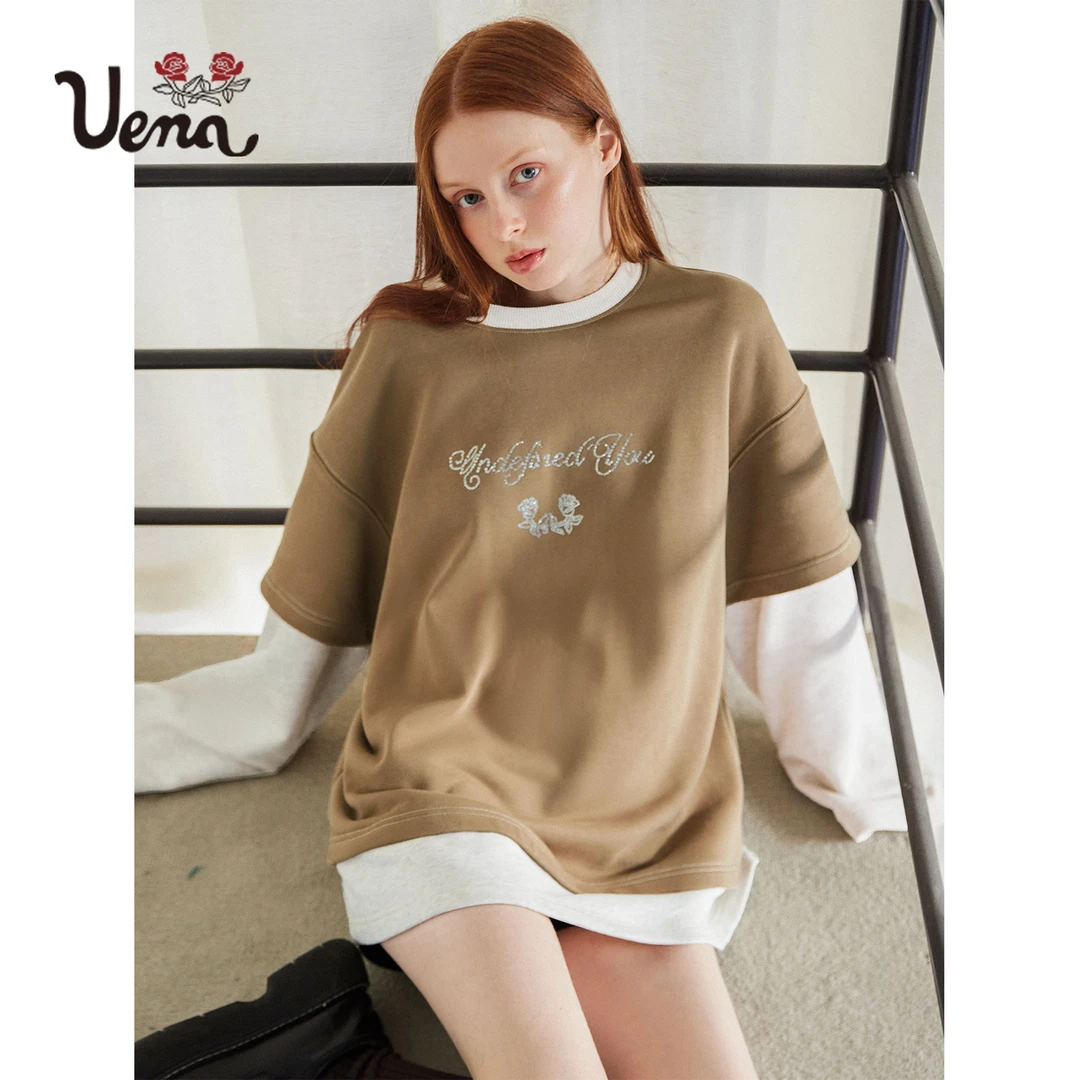 【碎金方糖】Uena美式复古灰绿撞色烫钻字母假两件宽松圆领卫衣女