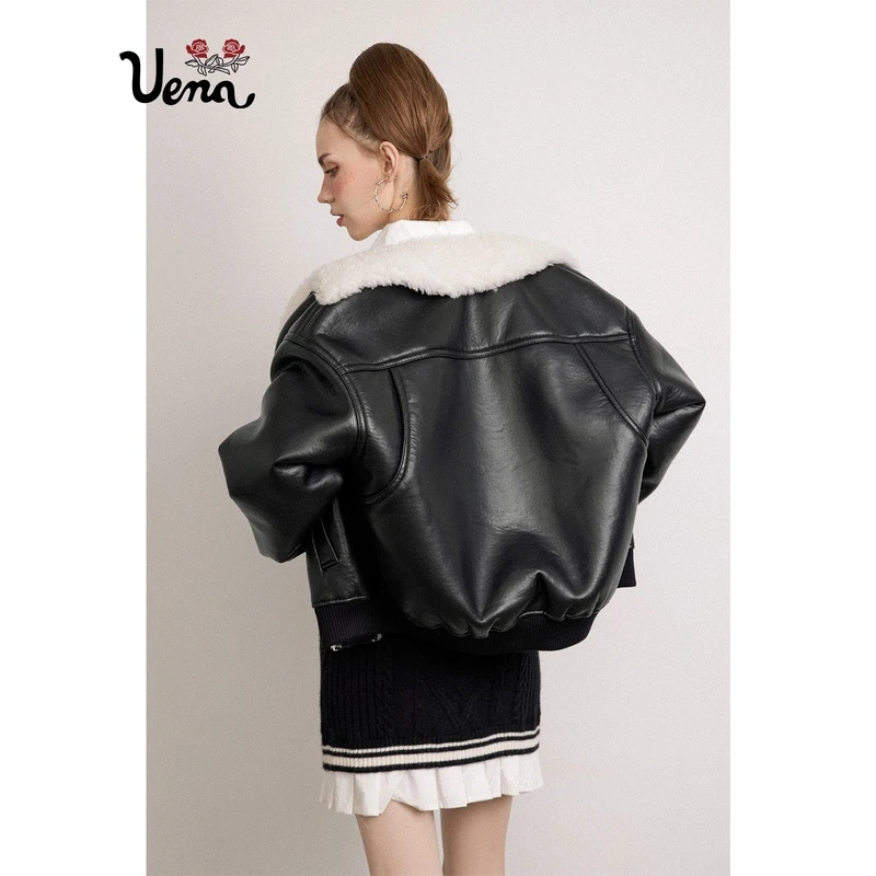 【暗里着迷】Uena美式复古黑色机车风pu皮衣加厚内里全外套女