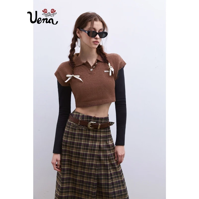 【热熔黑巧】Uena复古polo领棕色短款无袖针织背心叠穿马甲上衣女