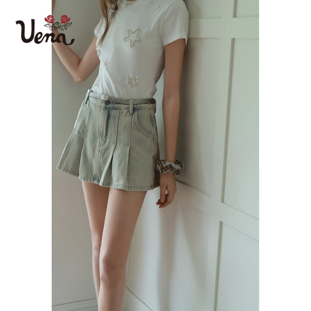 【雪宝粉丝专享】Uena美式复古牛仔A字高腰短款辣妹百褶半身裙裤女