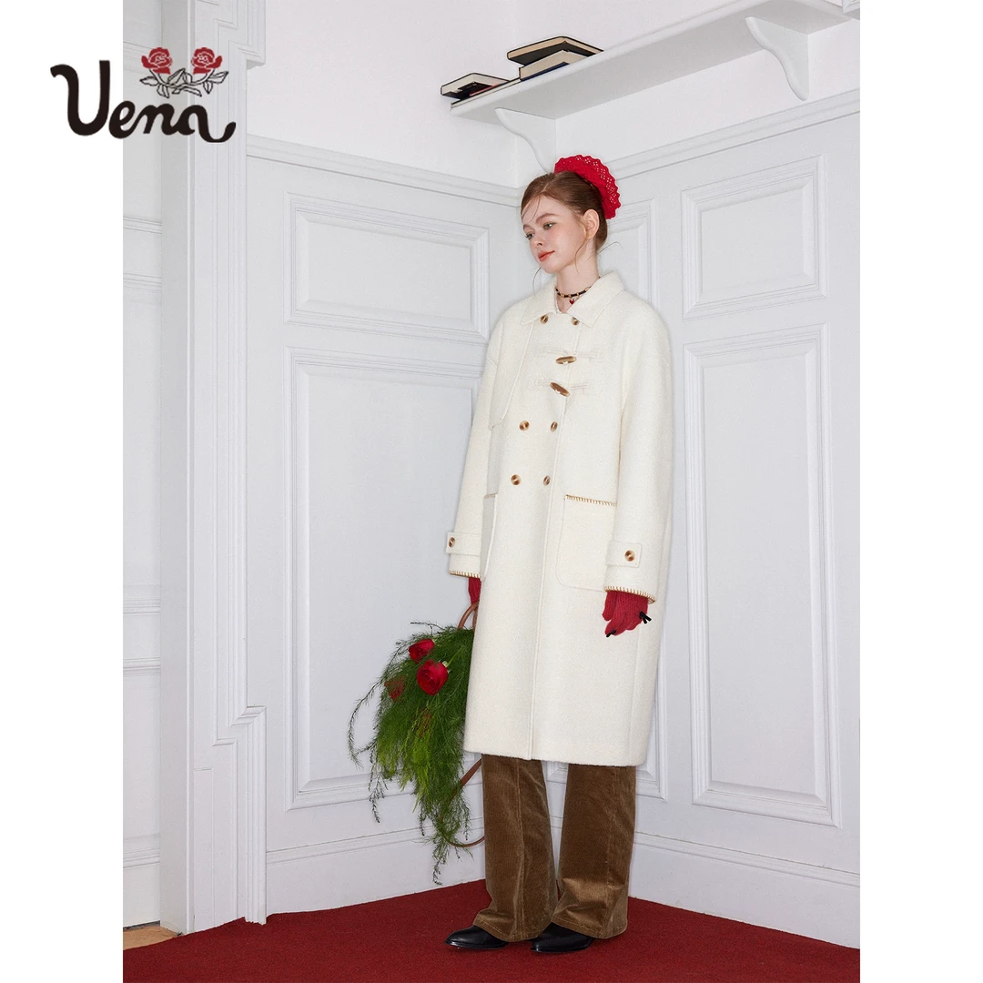 【小仙专属】Uena白色不对称牛角双排扣毛呢外套长款宽松大衣女