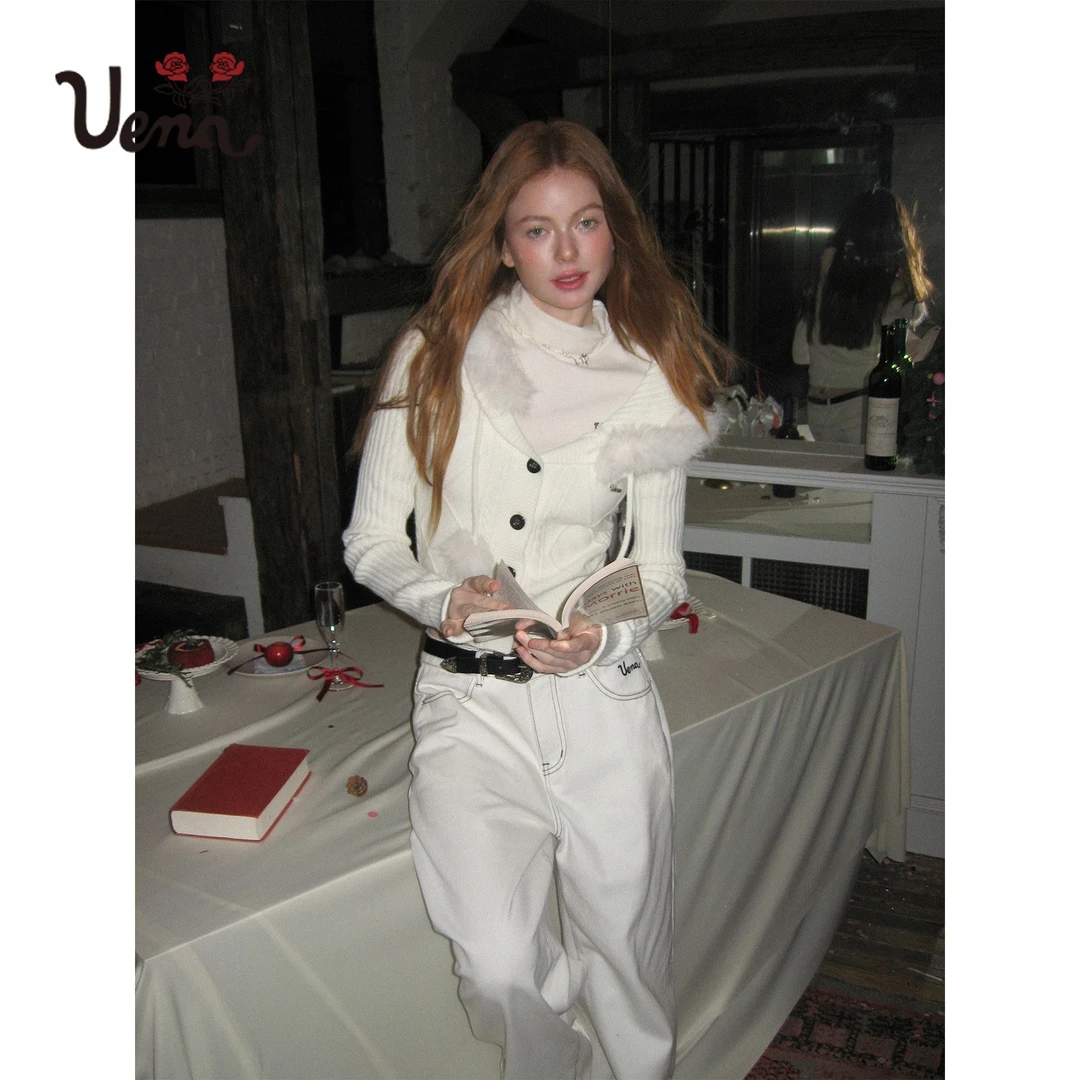 【雾中雪松】Uena美式复古白色菱形格纹绞花毛领连帽毛针织开衫女