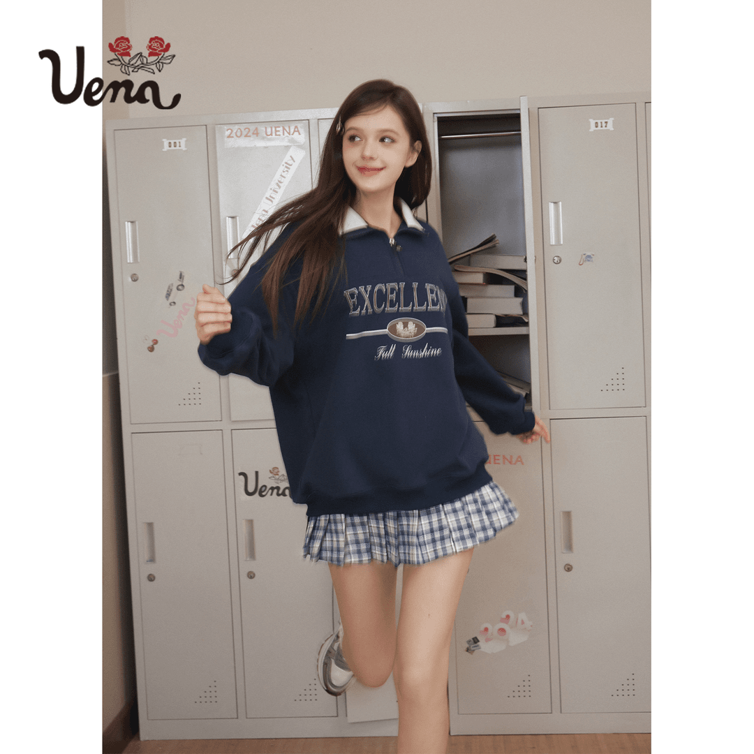 【直播】Uena美式复古藏青色撞色字母印花半开拉链polo领卫衣