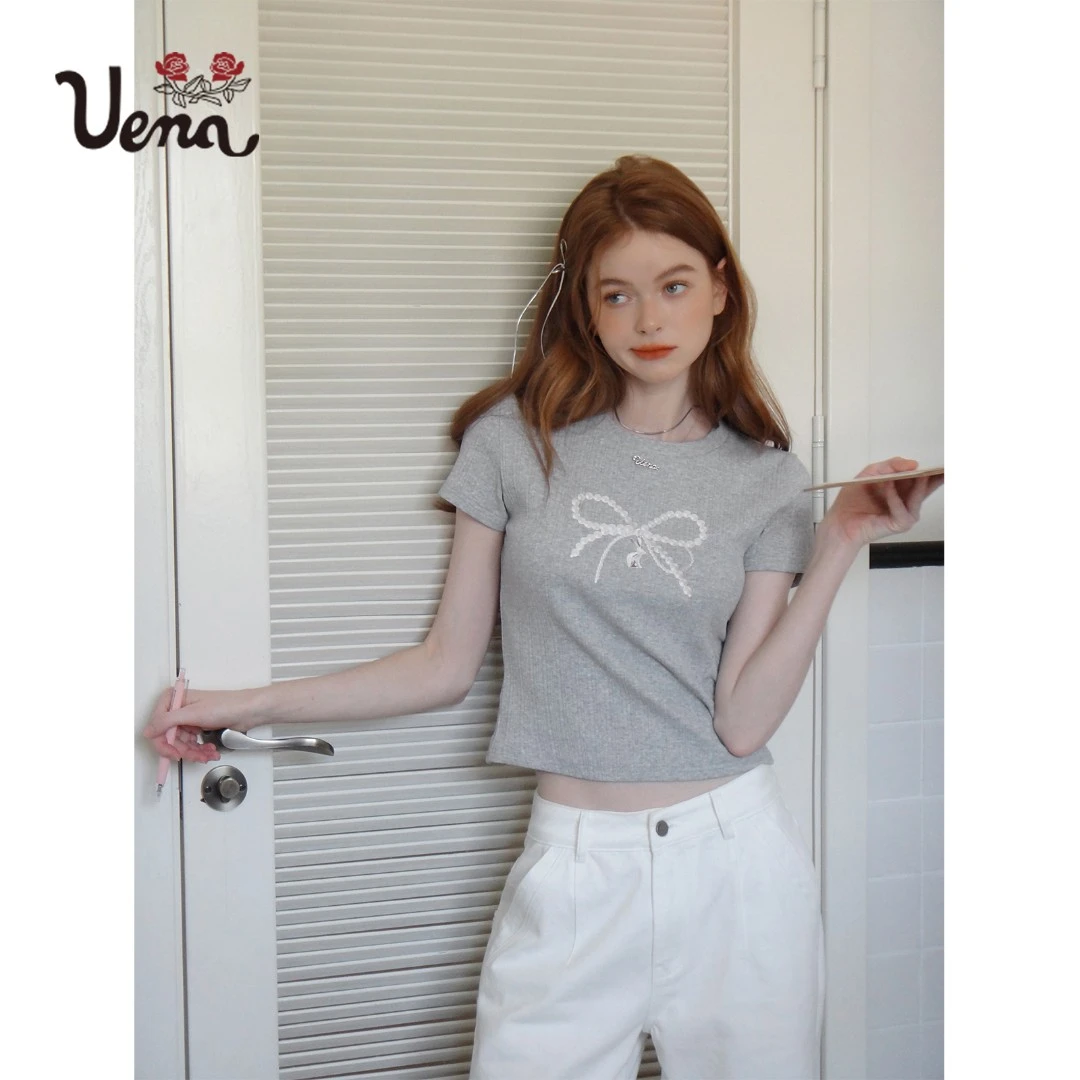 【子蜜姐专属】Uena美式复古珍珠蝴蝶结印花T恤短款圆领短袖上衣女