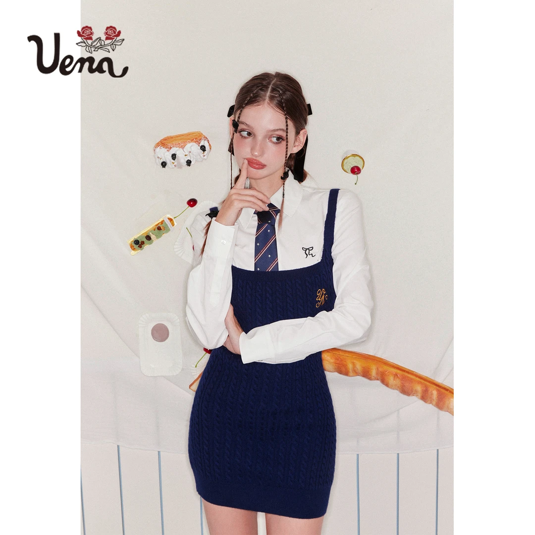 【十四行诗】Uena美式复古学院风藏青色绞花毛针织吊带包臀连衣裙