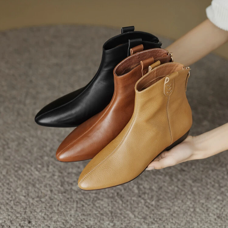 牛皮时尚秋冬平底马丁靴女简约短靴2024新款裸靴真皮英伦风靴子