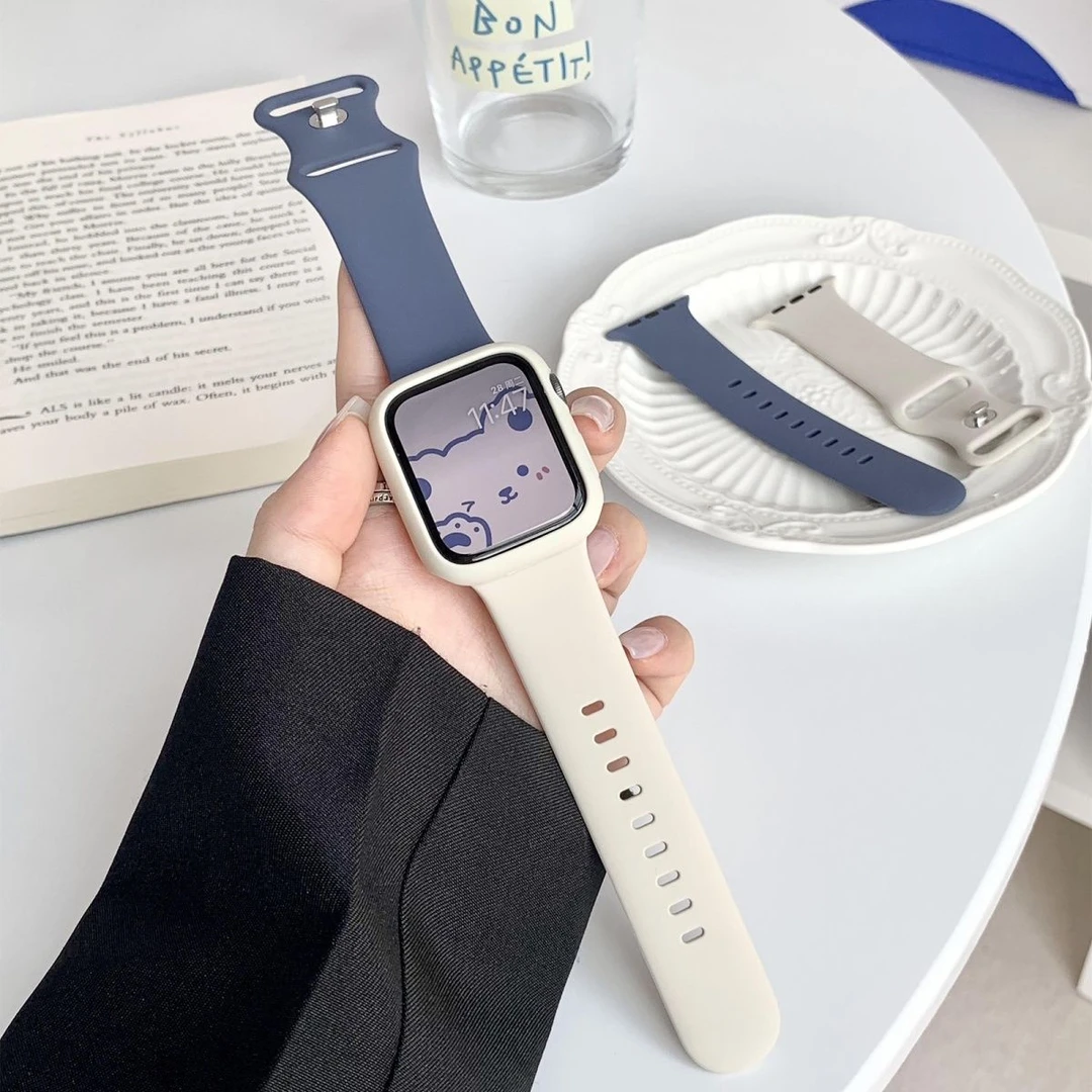 拼色硅胶双扣适用s8苹果手表表带iwatch7se小众女44/45mm华强北S9