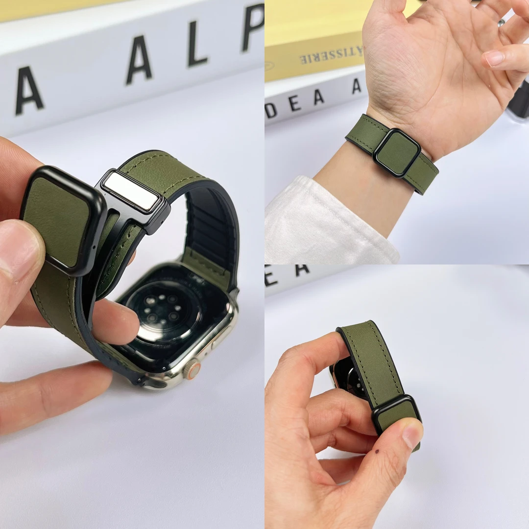 新款iwatch8真皮疯马纹表带S8磁吸applewatch9苹果S9深棕色ultra
