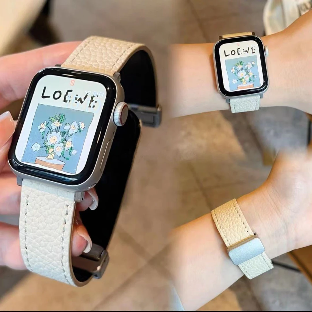 新款applewatch8荔枝纹S8磁吸扣S7真皮表带SE适用ultra华强北44MM