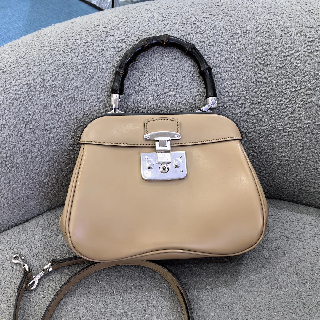 95新 GUCCI/古驰 古驰奶茶色竹节手提单肩包 8645906