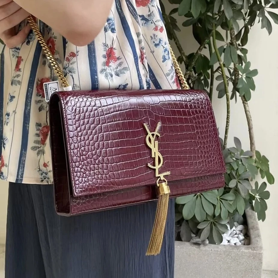 95新 YSL/圣罗兰 圣罗兰酒红压纹kate流苏链条包 单肩包 9783919