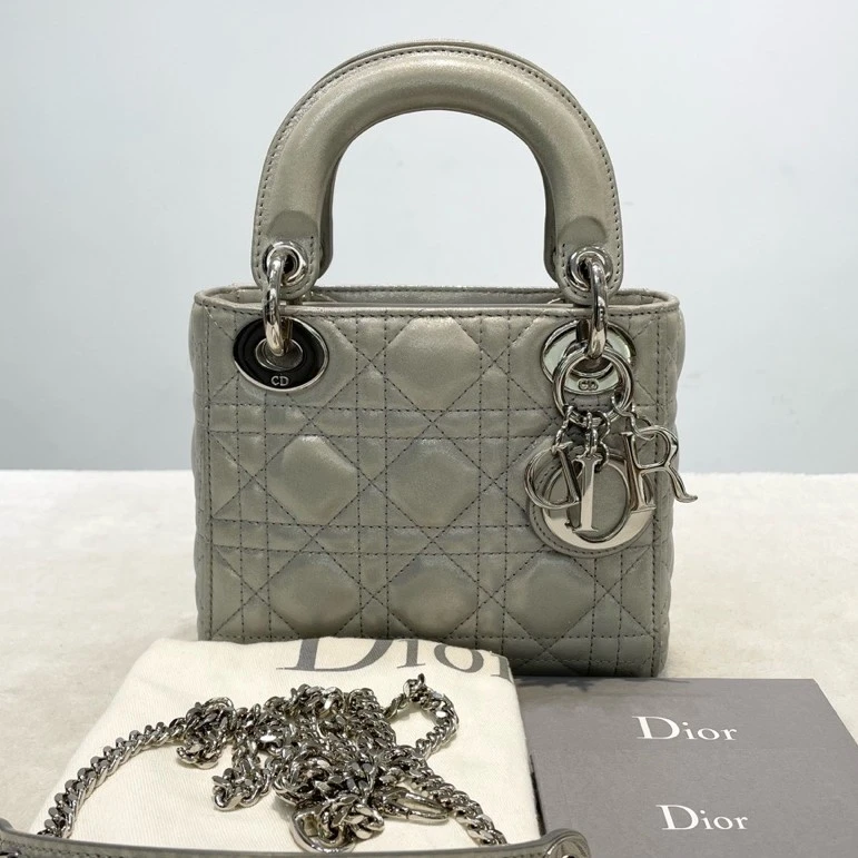 95新 DIOR/迪奥 迪奥珠光灰银扣三格戴妃包 单肩包 8765032