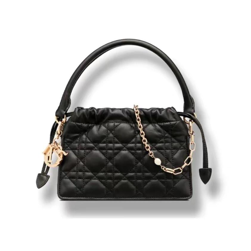 95新 DIOR/迪奥 迪奥 黑金 lady mini抽绳小水桶 单肩包 9245375