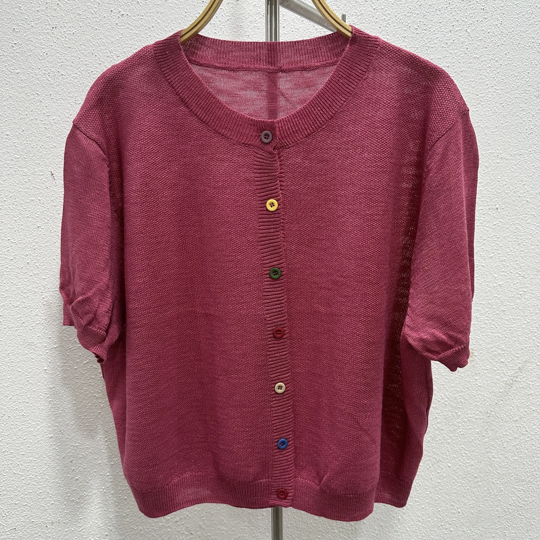 [妍姐优选]DM0021.亚麻彩扣中袖简约透气针织外披.衣长60.胸围120