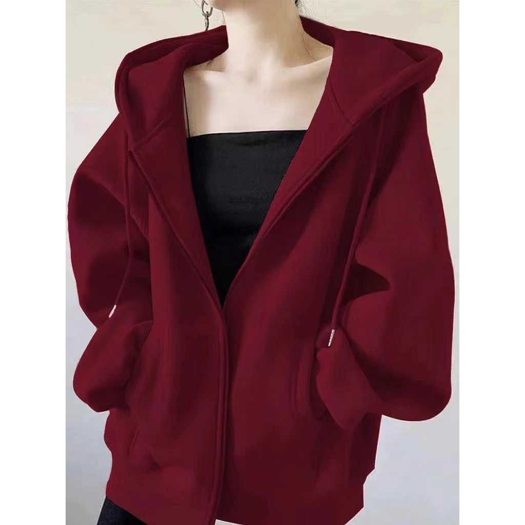 2024早春新款宽松bf慵懒风连帽长袖卫衣女加绒加厚秋冬季女装外套