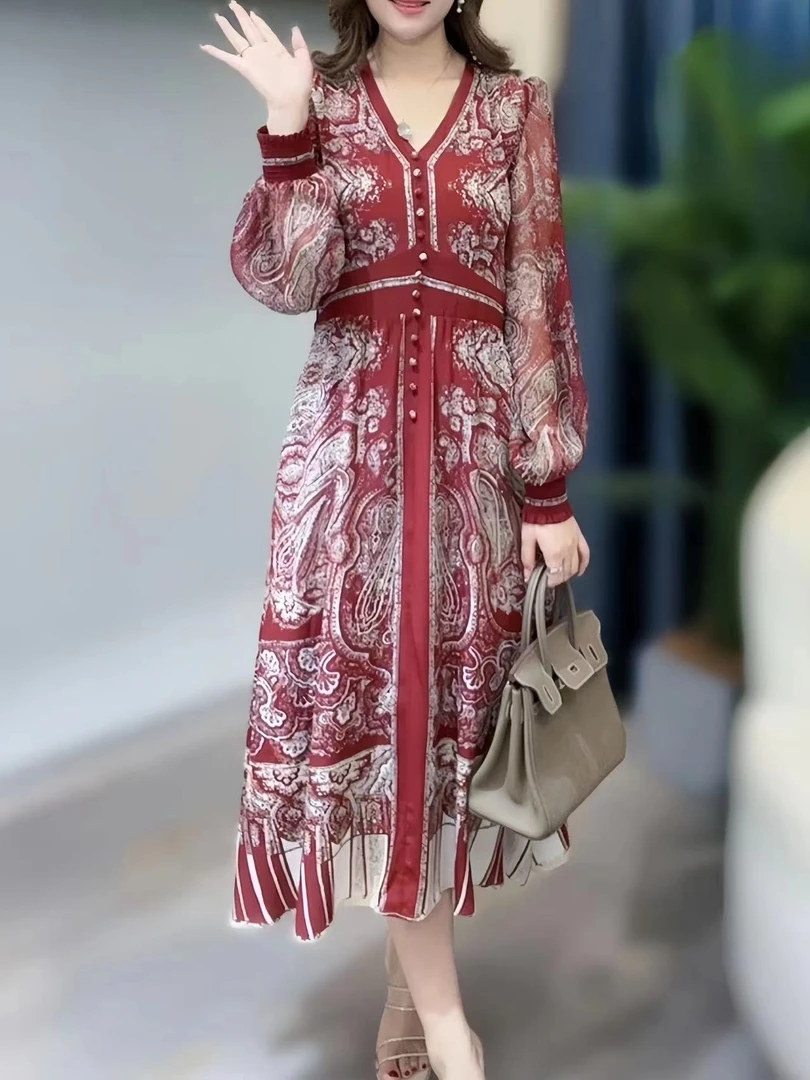 【厂长心选】酒红色高级浮花收腰长袖显瘦桑蚕丝连衣裙90336