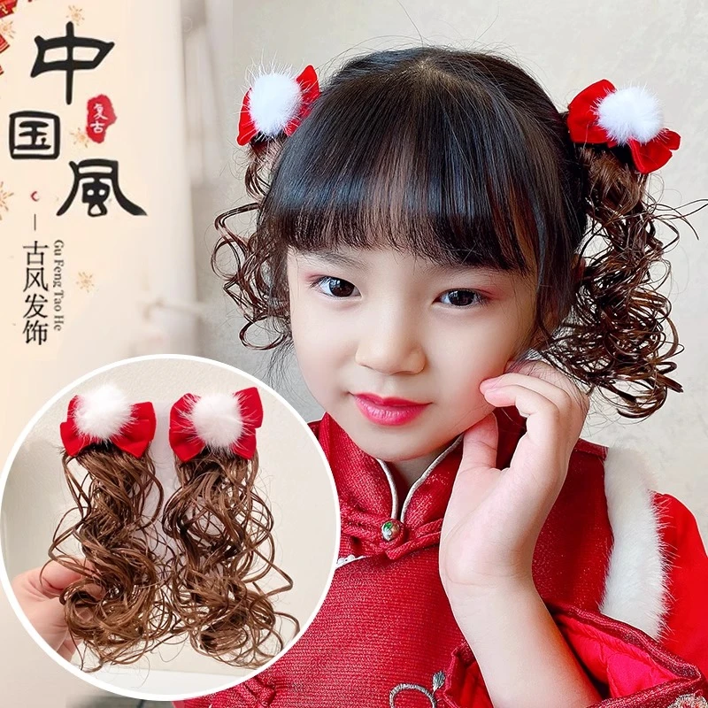 K244儿童新年发饰头饰发夹女童假发辫子宝宝中国风汉服发饰发卡