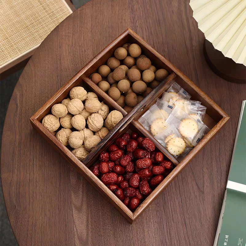 南美胡桃木提手四格零食糕点干果收纳盒-27*7cm