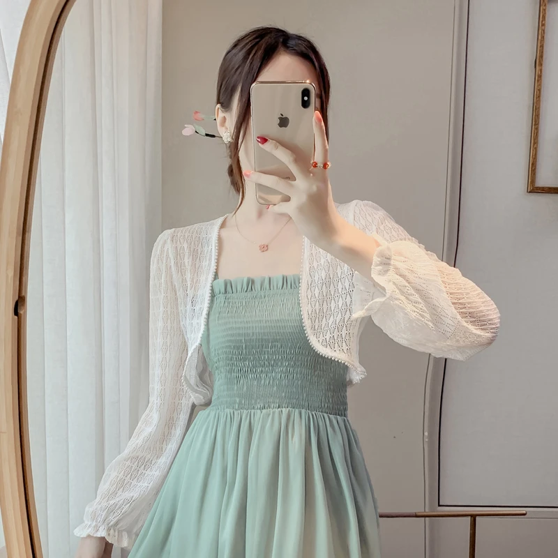 珍珠边蕾丝长袖防晒衣薄纱女夏季短款小披肩外搭开衫新款雪纺上衣