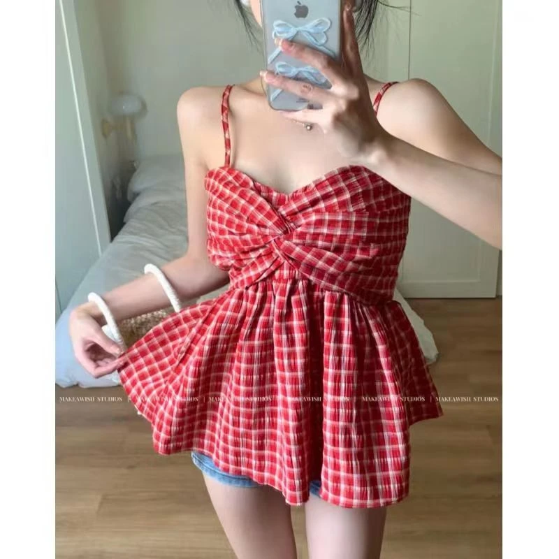 甜辣妹复古格子小吊带背心女内搭2024新款夏季外穿小个子无袖上衣