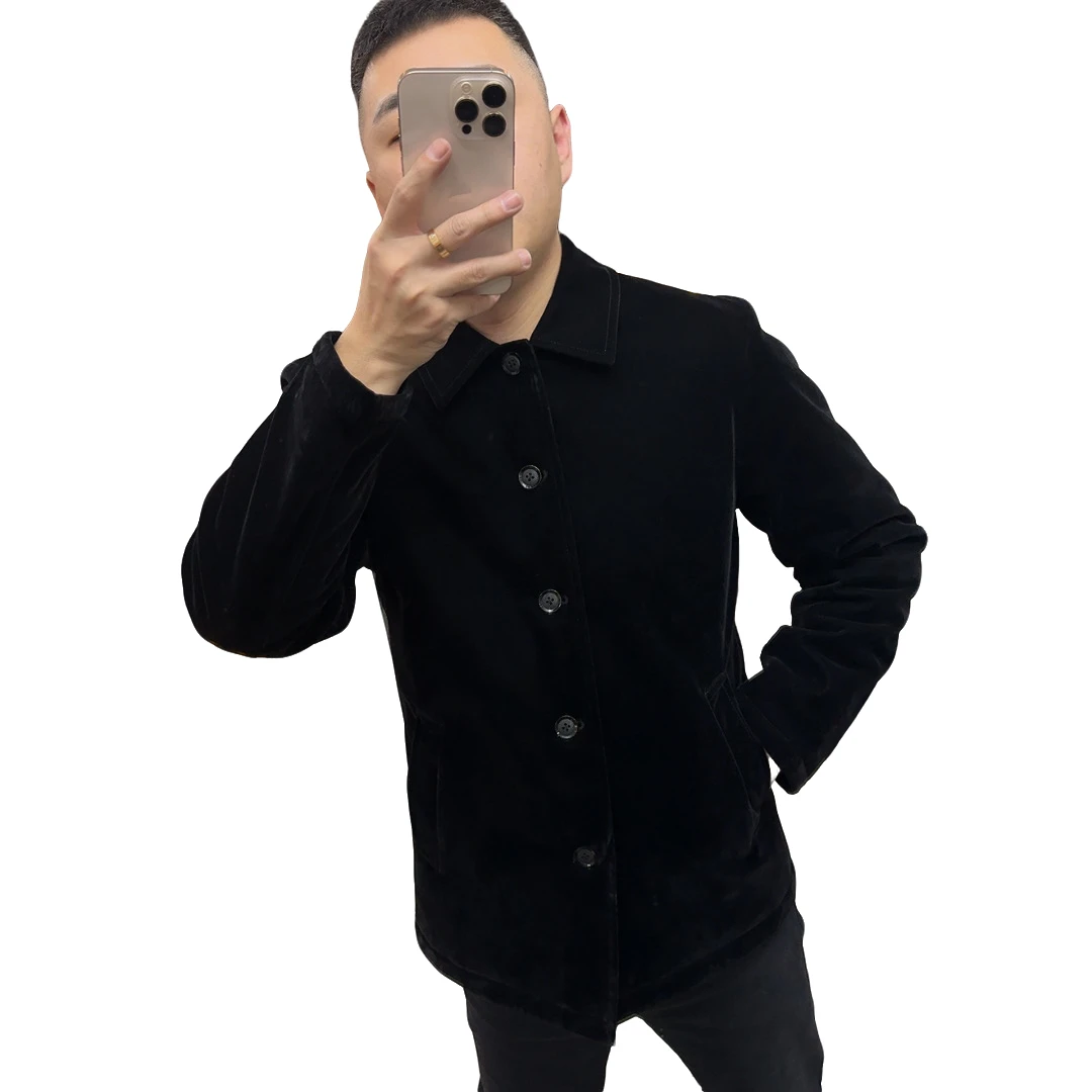 2024冬季轻奢丝绒加棉新款男士翻领外套修身雅痞休闲商务百搭网红