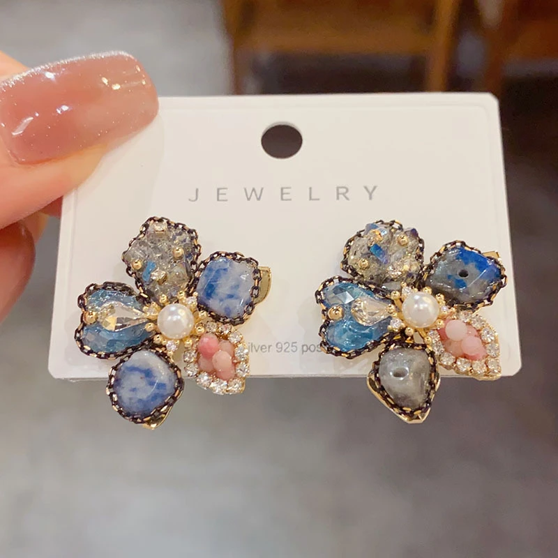 铜合金亚克力耳饰 波西米亚复古手工款花瓣耳钉轻奢小众耳环