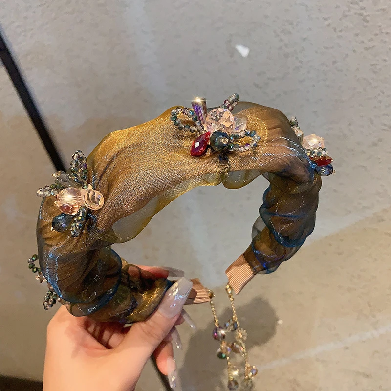 铜合金亚克力耳饰 欧美夸张美高级发箍重工轻奢水钻花朵头箍轻盈