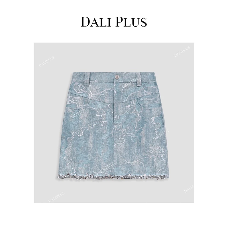DALI PLUS新中式恋夏风精美牛仔蓝半裙-D4KK0126