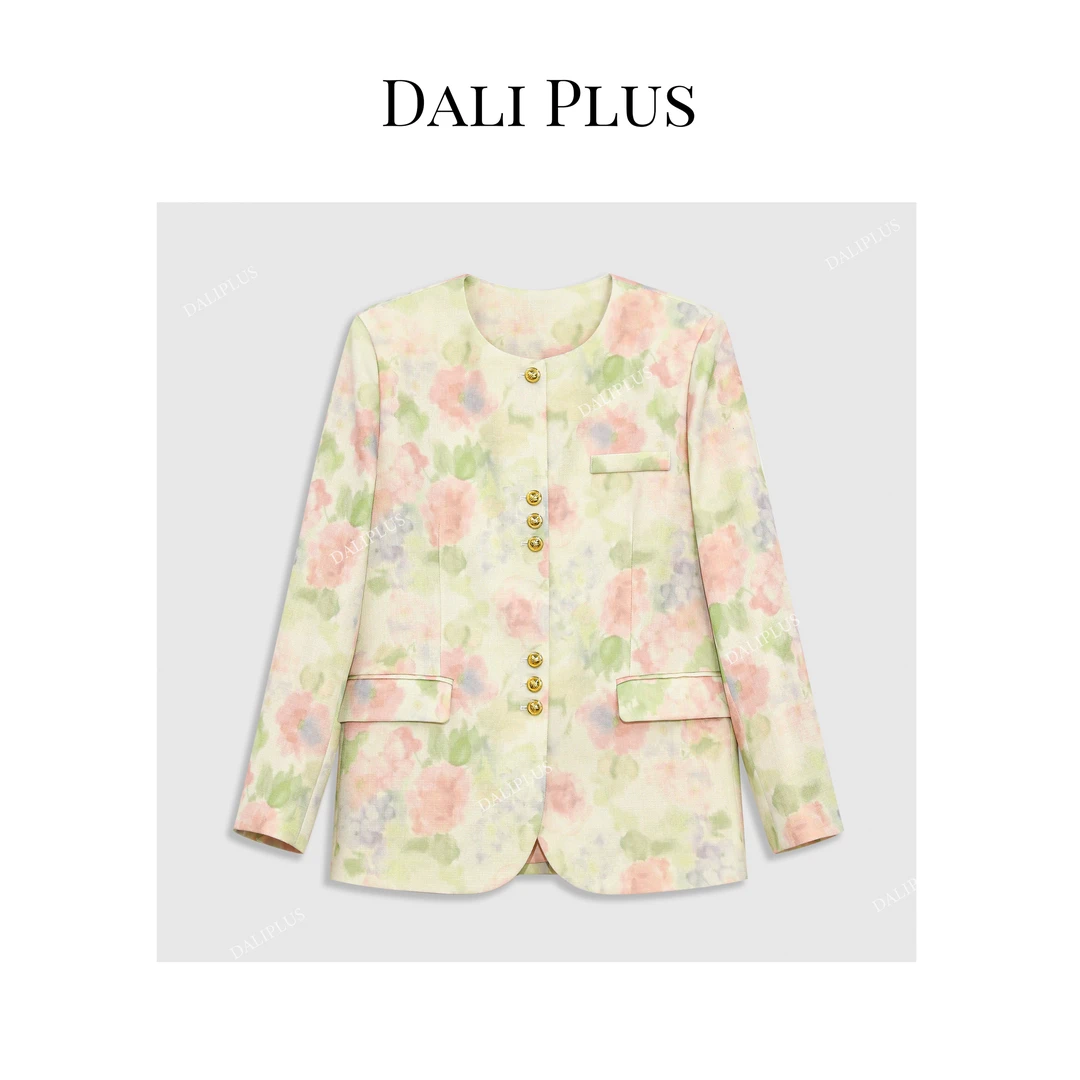 DALI PLUS新国风新中式花色圆领金扣西装外套+半裙-D4KK0027