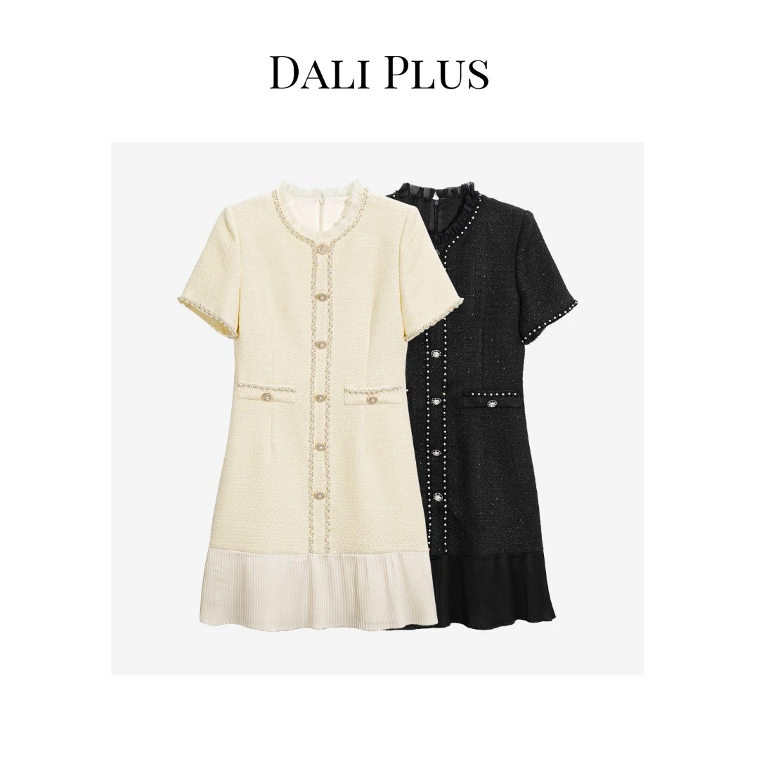DALI PLUS气质法式精致亮丝百褶 拼接设计小香风连衣裙-23T-03148
