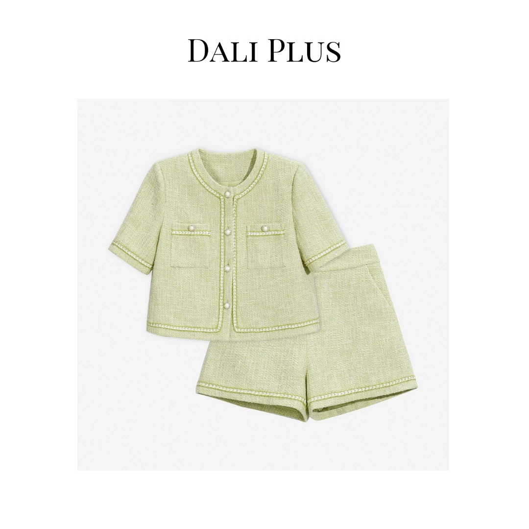 DALI PLUS【森系时尚】圆领珍珠扣绿色小香风短袖外套套装-23680522