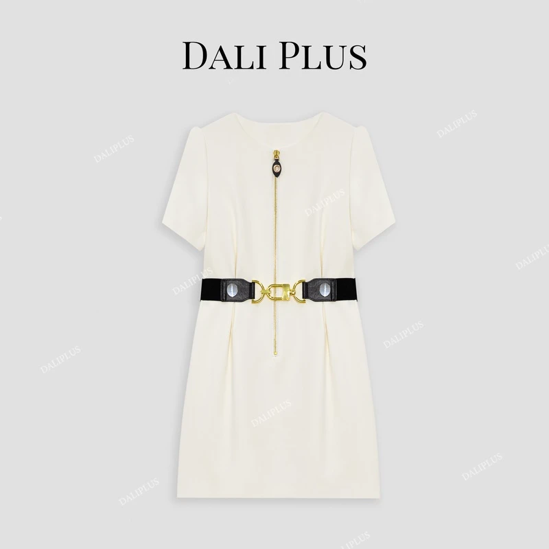 DALI PLUS高奢优雅法式高档气质白金收腰设计短袖连衣裙-D4JJ0033